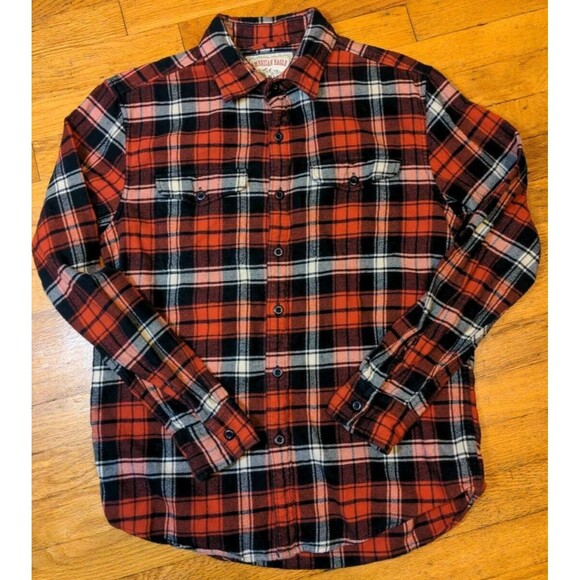 VTG American Eagle Flannel Shirt Men's Small Red Check Button Up Long Sleeve - Picture 2 of 8
